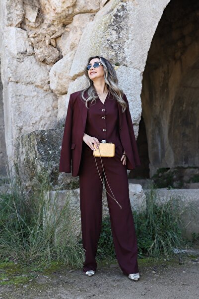 bytugcekaya Burgundy Back Button Detail Blazer