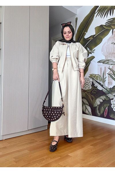 Aselim Hijap Moda Jacket and Skirt Suit - Zippered / Light Green