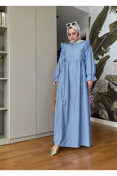 Aselim Hijap Moda Blue Stripe Shirt - Dress, Robe Buttoned