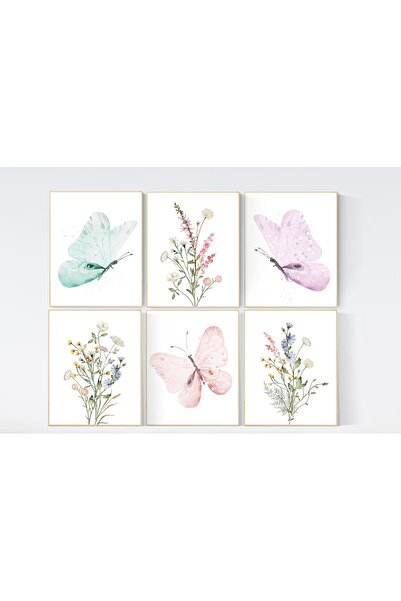 FORONEUS Kelebek Güneş Gökkuşağı Temalı Çocuk&Bebek Odası 6lı Tablo Set