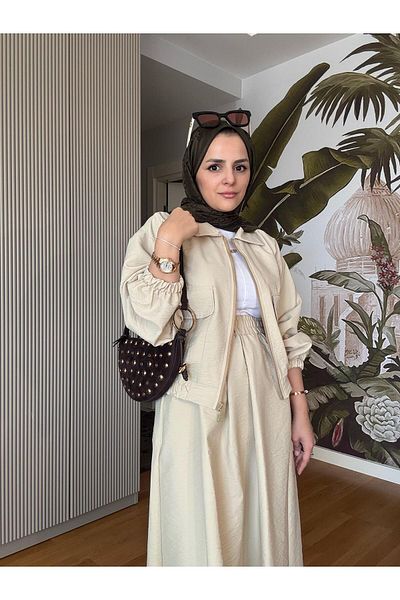 Aselim Hijap Moda Jacket and Skirt Suit - Zippered / Light Green