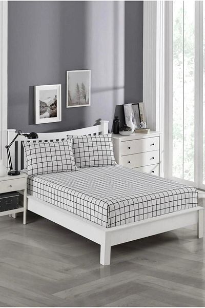 Pamuku White Striped Extra Large Elastic Bed Sheet Set (+2 Pillow Cases)