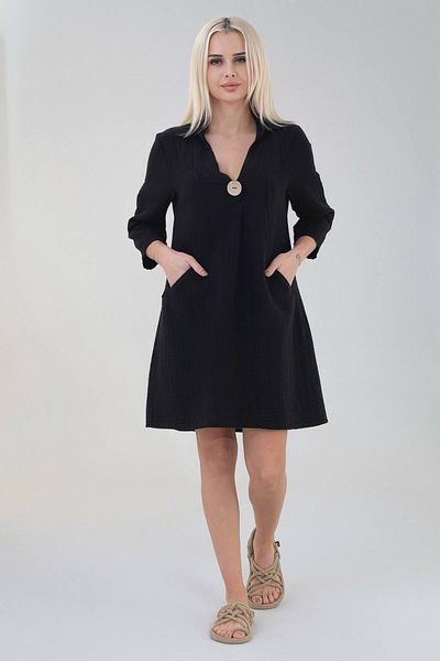 Fashion Showcase Φόρεμα από φυσικό βαμβακερό μανίκι τούνελ μουσελίνας με τσέπες μπροστά - Μαύρο