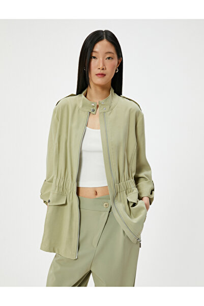 Koton Fermuarlı Trençkot Beli Lastikli Kapaklı Cepli Dik Yaka