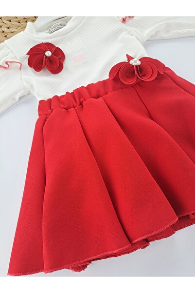 Butik Girl's Skirt T-Shirt Double Suit Red Skirt White Badi Flower Brooch Style Outfit Eid Dress