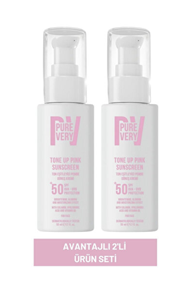 2'li Ton Eşitleyen Spf 50 Pembe Renkli Güneş Kremi Glutatyon, Hyaluronik Asit Etkili 50 ml