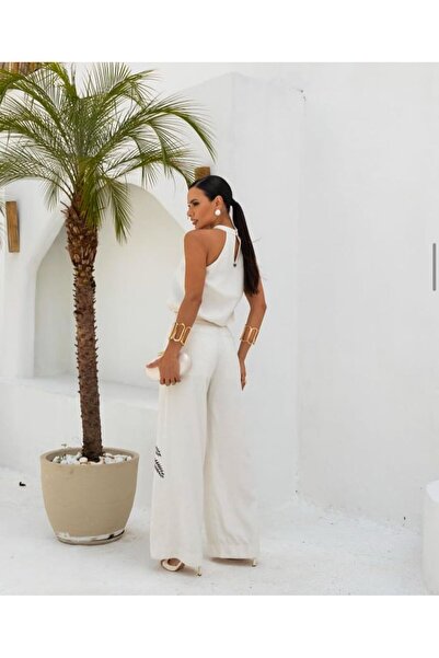 Butik Şenel Palm Tree Pattern Printed Halter Collar Trousers Suit