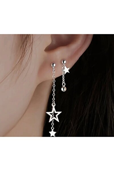 monalisatoka Kadın Asimetrik Zincirli Yıldız Sallantılı Gümüş Küpe