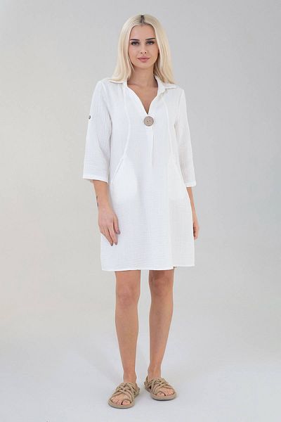 Fashion Showcase Φόρεμα από φυσικό βαμβακερό μανίκι τούνελ μουσελίνας με τσέπες μπροστά - Λευκό