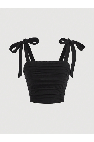 Marin Star Μαύρο φιόγκο Crop Top - Μαύρο φιόγκο με κορδόνι με φαρδιές τιράντες μπλούζα