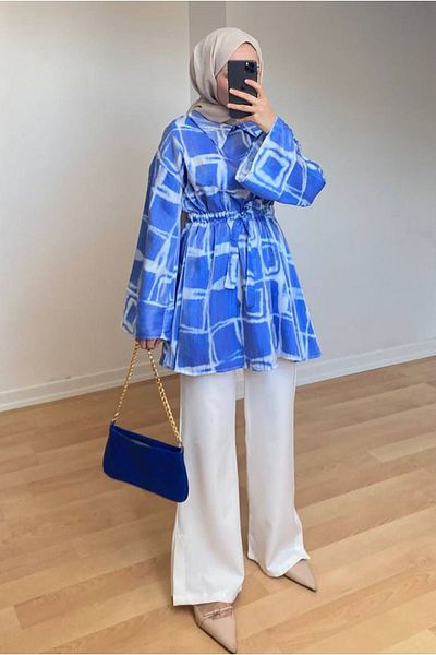 Moda Rosa 25Y3251 - Blue - Waist Lace-Up Jacquard Double Suit