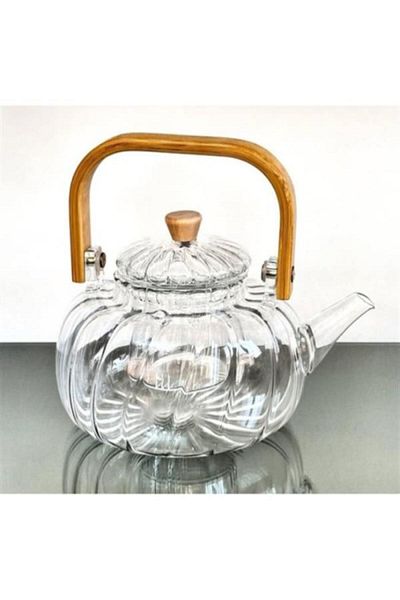 Hangora Glass Striped Teapot with Wooden Handle