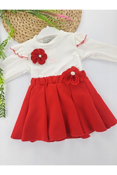 Butik Girl's Skirt T-Shirt Double Suit Red Skirt White Badi Flower Brooch Style Outfit Eid Dress