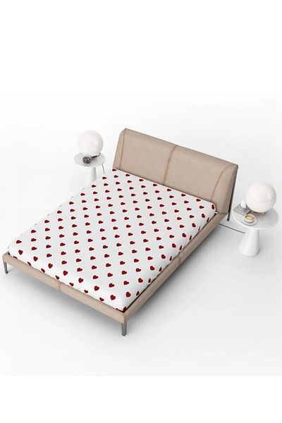 Pamuku White Heart Oversized Elastic Bed Sheet Set (+2 Pillow Cases)