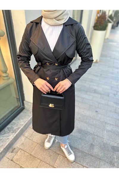 VOLT CLOTHİNG Women's Shawl Collar Buttoned Long Trench Coat