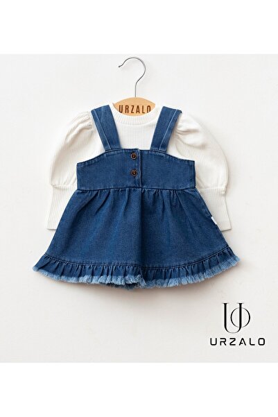 Little Baby URZALO Püsküllü Kız Bebek Kot Jile Elbise %100 Pamuk Likralı Riba...