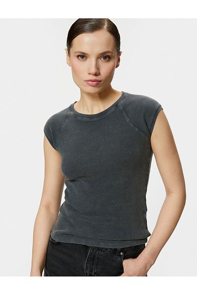 Koton Cap Sleeve Crew Neck T-Shirt Cotton Ribbed Slim Fit