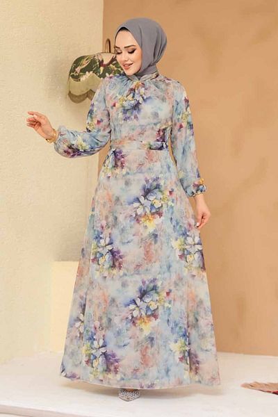 Neva Style Floral Patterned Blue Hijab Dress 27995m