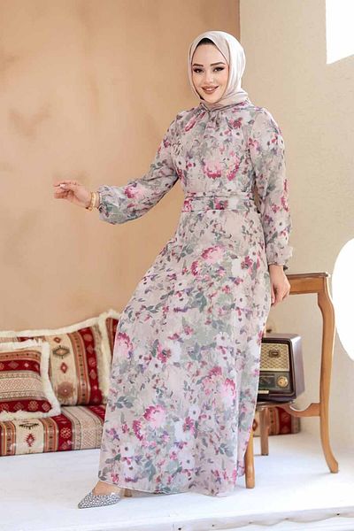 Neva Style Floral Patterned Mink Hijab Dress 27998V