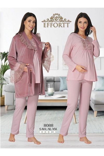 BİRDOLAP Lohussa Powder Velvet Maternity Pajama Set with Dressing Gown
