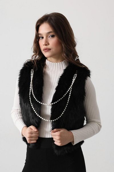 COjans Pearl Pendant Fur Vest - Black