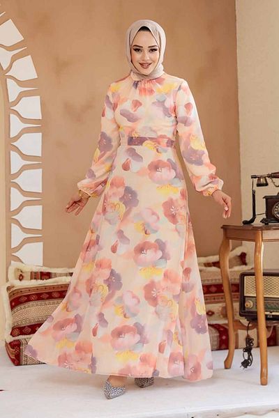 Neva Style Beige Hijab Dress Floral Patterned # Project Content # :
