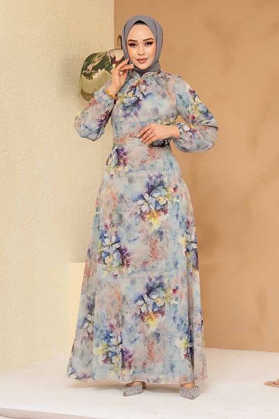 Neva Style Floral Patterned Blue Hijab Dress 27995m