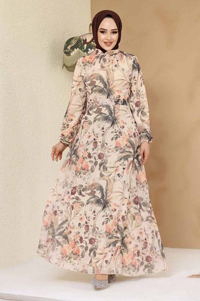 Neva Style Beige Hijab Dress with Flower Pattern 27988 Model