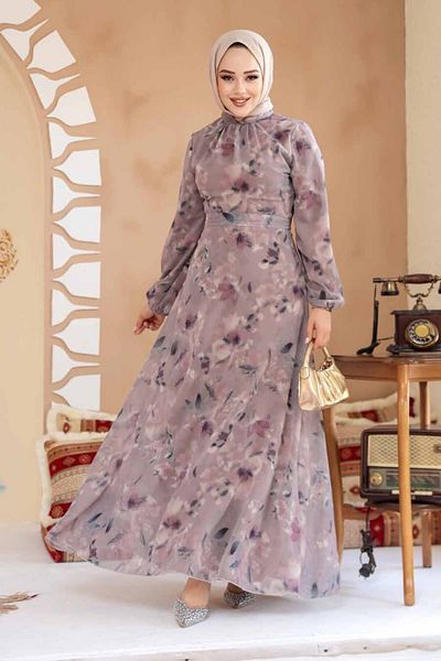 Neva Style Floral Patterned Dusty Rose Hijab Dress 27987Gk