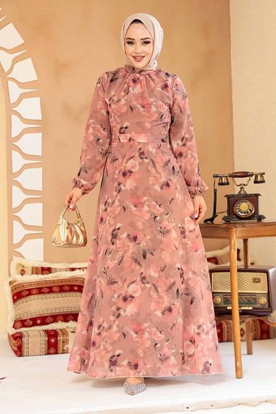 Neva Style Floral Patterned Dark Salmon Hijab Dress 27987Ksmn