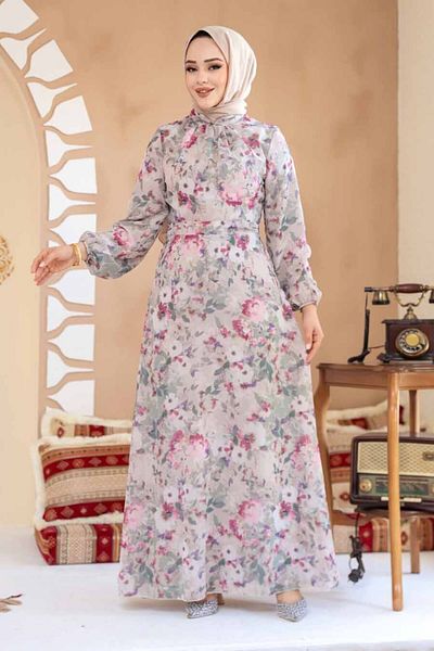 Neva Style Floral Patterned Mink Hijab Dress 27998V