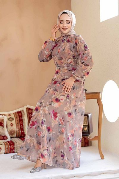 Neva Style Floral Patterned Camel Hijab Dress 27987C