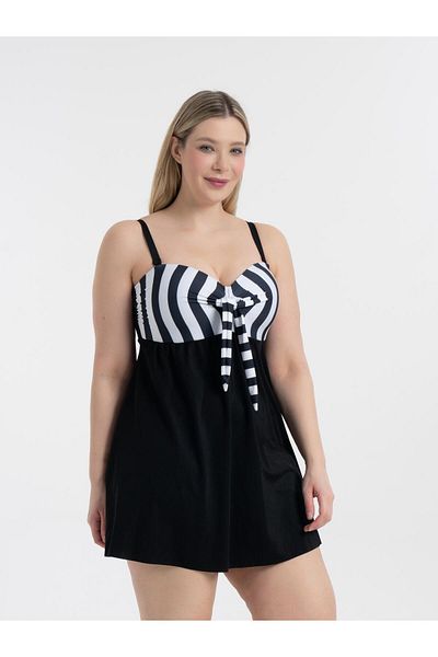 AQUAVİVA Aquaviva Women's Large Size Black Thick Striped Gloria Gathering Dress Swimsuit