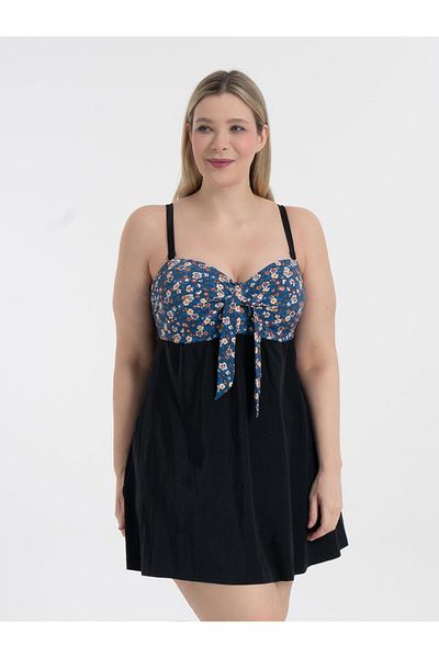 AQUAVİVA Aquaviva Women's Plus Size Navy Blue Small Flower Pattern Gloria Gathering Bow Dress Swimsuit