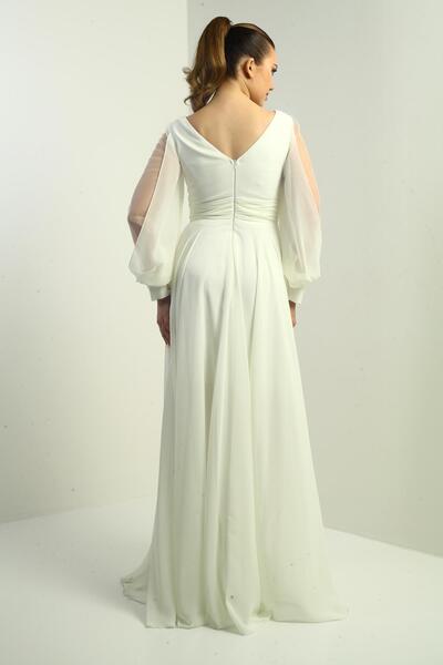 By Saygı Front Back V-Neck Front Draped Sleeves Tulle Lined Wide Size Long Chiffon Dress