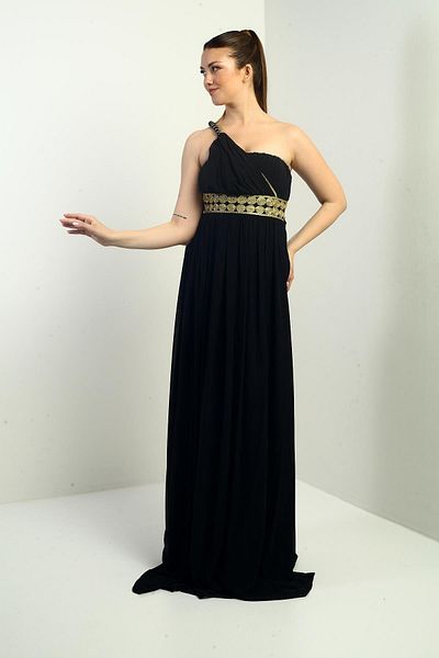 By Saygı Women's One Shoulder Strap Front Straw Lined Chiffon Long Dress