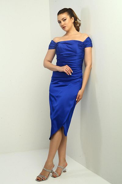 By Saygı Women's Madonna Collar Draped Asymmetrical Satin Short Dress