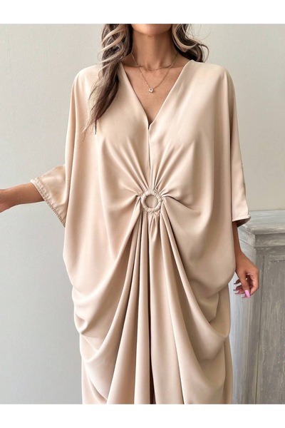 mass fashion Kadın Standart Beden Kaftan Elbise - Bej