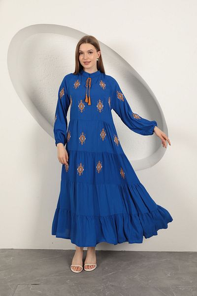Lukas Viscose Fabric Crispy Embroidered Dress-Sax