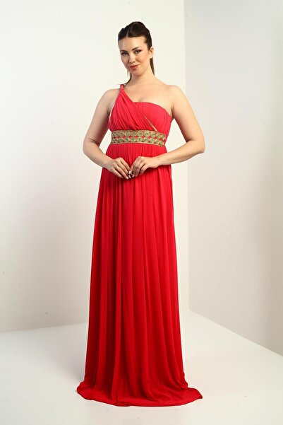 By Saygı Women's One Shoulder Strap Front Straw Lined Chiffon Long Dress