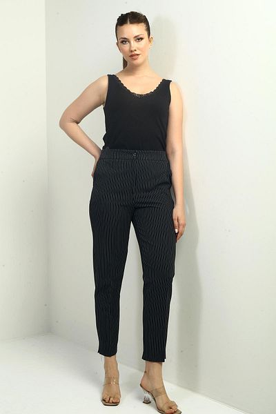 By Saygı Women's Elastic Waist Pocket Neck Striped Skinny Trousers