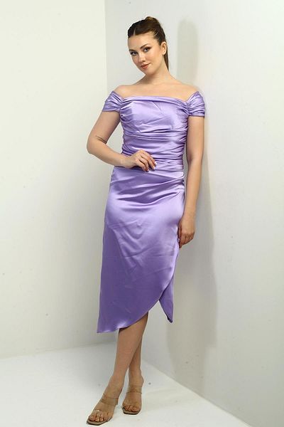 By Saygı Women's Madonna Collar Draped Asymmetrical Satin Short Dress