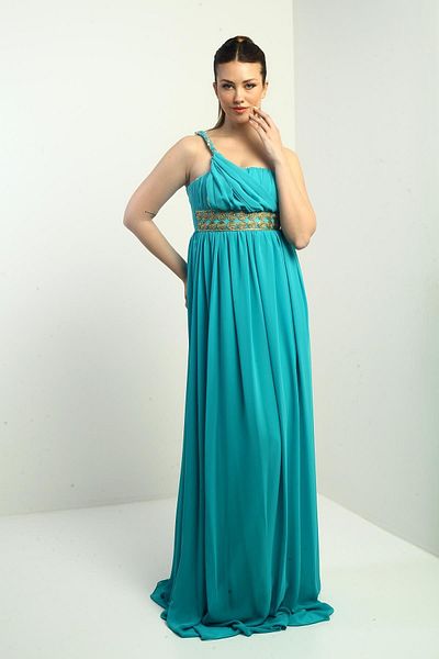 By Saygı Women's One Shoulder Strap Front Straw Lined Chiffon Long Dress