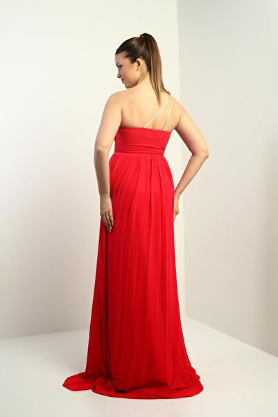 By Saygı Women's One Shoulder Strap Front Straw Lined Chiffon Long Dress