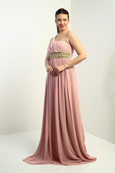 By Saygı Women's One Shoulder Strap Front Straw Lined Chiffon Long Dress