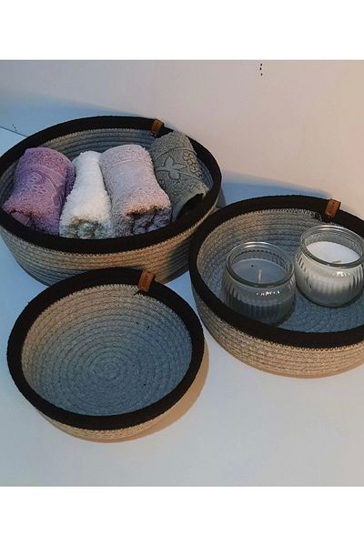 Hediyeninellitonu 3-Piece Wicker Basket Set, Multi-Purpose Organizer 6 Mm Black And Gray Colored Rope