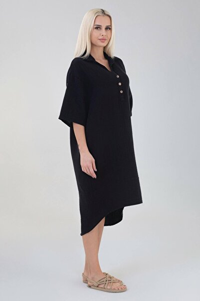 Fashion Showcase Φόρεμα Muslin Robe με παράθυρο από βαμβακερό φυσικό ύφασμα μακρύ μανίκι - μαύρο