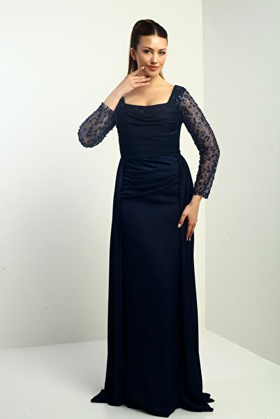 By Saygı Women's Square Neck Lined Sleeve Beaded Wide Size Spaced Crepe Satin Long Evening Dress