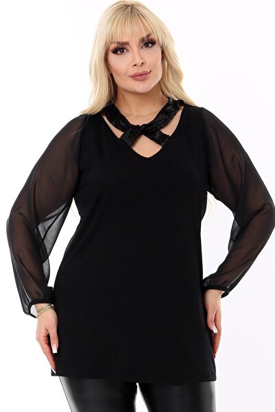 Kheos Round Neck Neck Sequin Detailed Long End Elastic Tulle Sleeve Flexible Lycra Plus Size Blouse