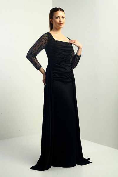 By Saygı Women's Square Neck Lined Sleeve Beaded Wide Size Spaced Crepe Satin Long Evening Dress